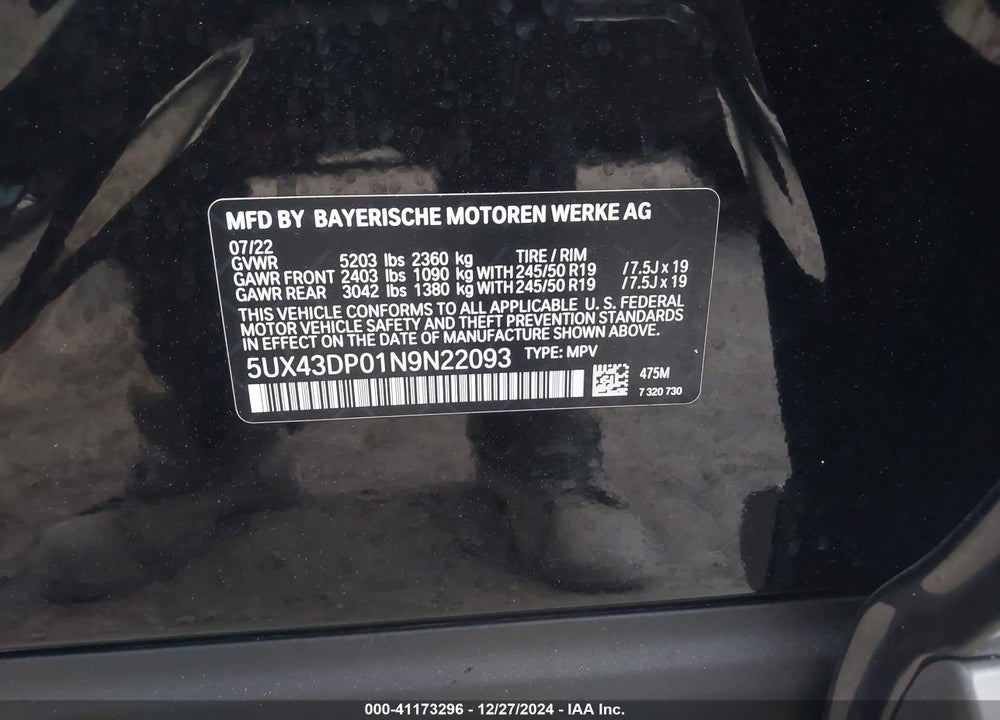 2022 BMW X3 SDRIVE30I VIN: 5UX43DP01N9N22093