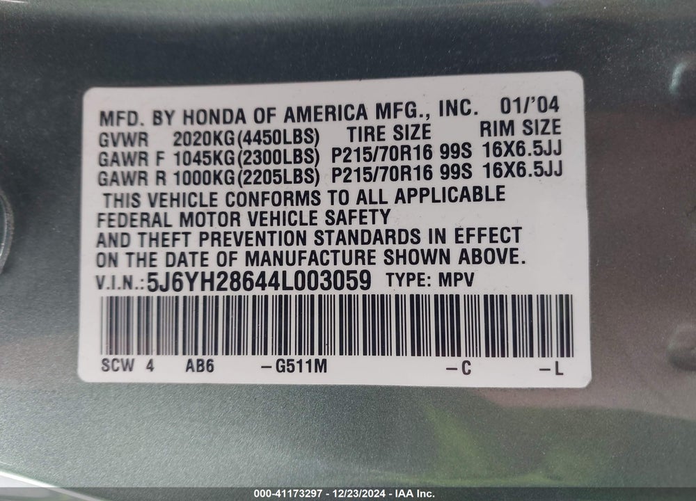 2004 HONDA ELEMENT EX VIN: 5J6YH28644L003059