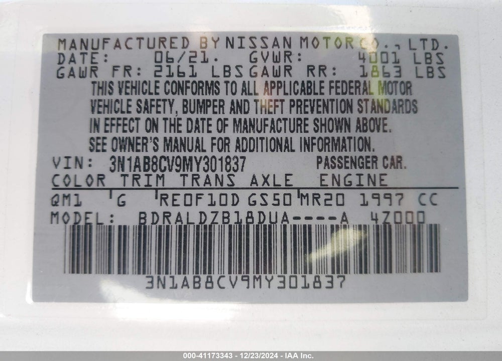2021 NISSAN SENTRA VIN: 3N1AB8CV9MY301837