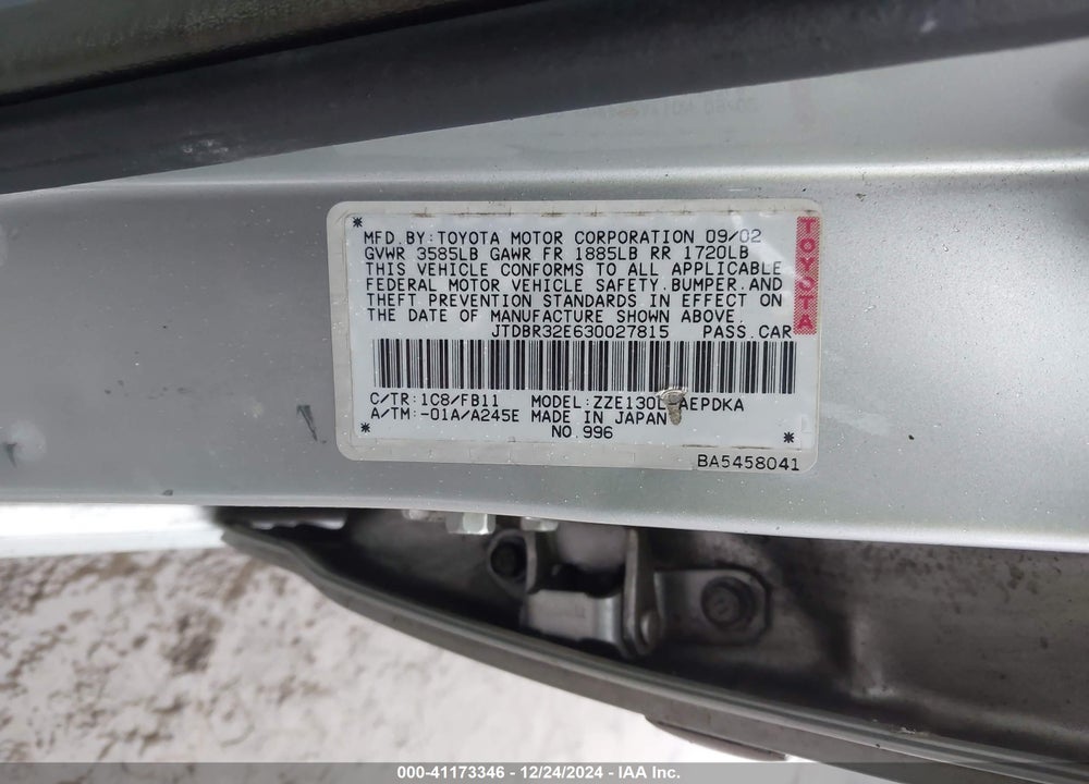 2003 TOYOTA COROLLA CE VIN: JTDBR32E630027815