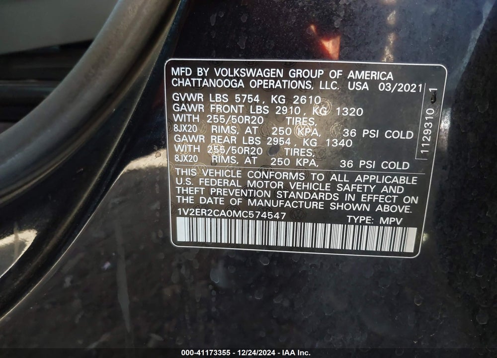 2021 VOLKSWAGEN ATLAS 3.6L V6 SEL VIN: 1V2ER2CA0MC574547