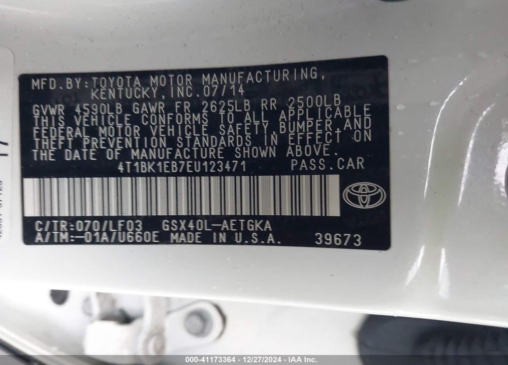 2014 TOYOTA AVALON XLE PREMIUM VIN: 4T1BK1EB7EU123471