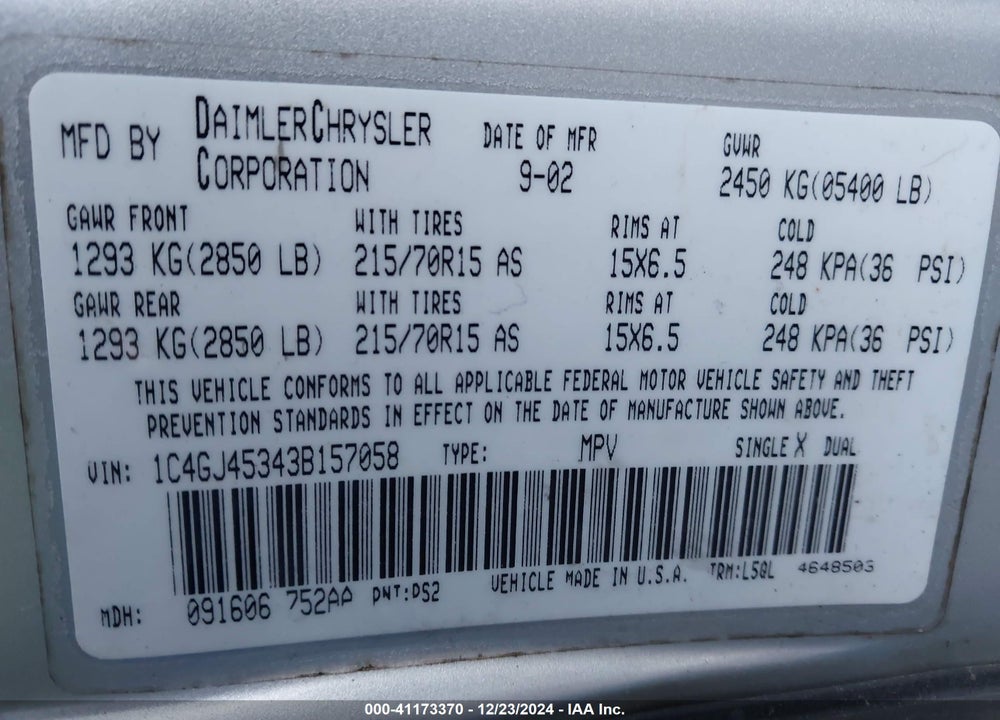2003 CHRYSLER VOYAGER LX VIN: 1C4GJ45343B157058