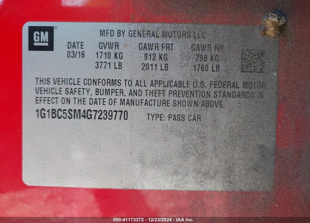 2016 CHEVROLET CRUZE LS AUTO VIN: 1G1BC5SM4G7239770