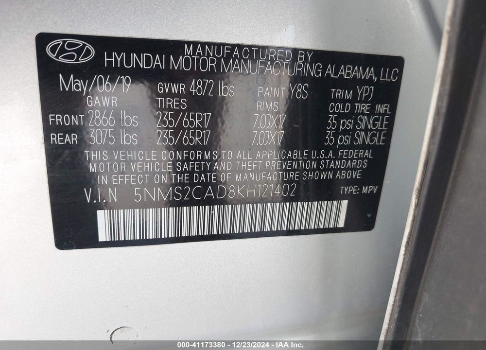 2019 HYUNDAI SANTA FE VIN: 5NMS2CAD8KH121402