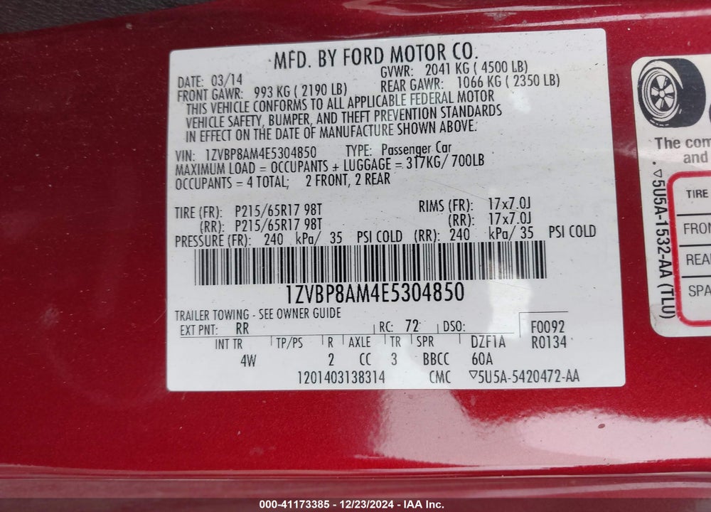 2014 FORD MUSTANG VIN: 1ZVBP8AM4E5304850