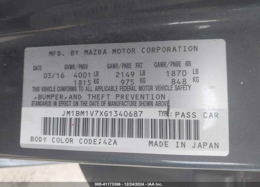 2016 MAZDA 3 VIN: JM1BM1V7XG1340687