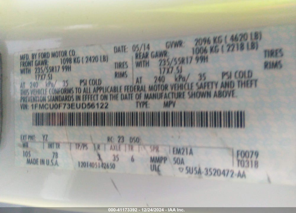 2014 FORD ESCAPE VIN: 1FMCU0F73EUD56122