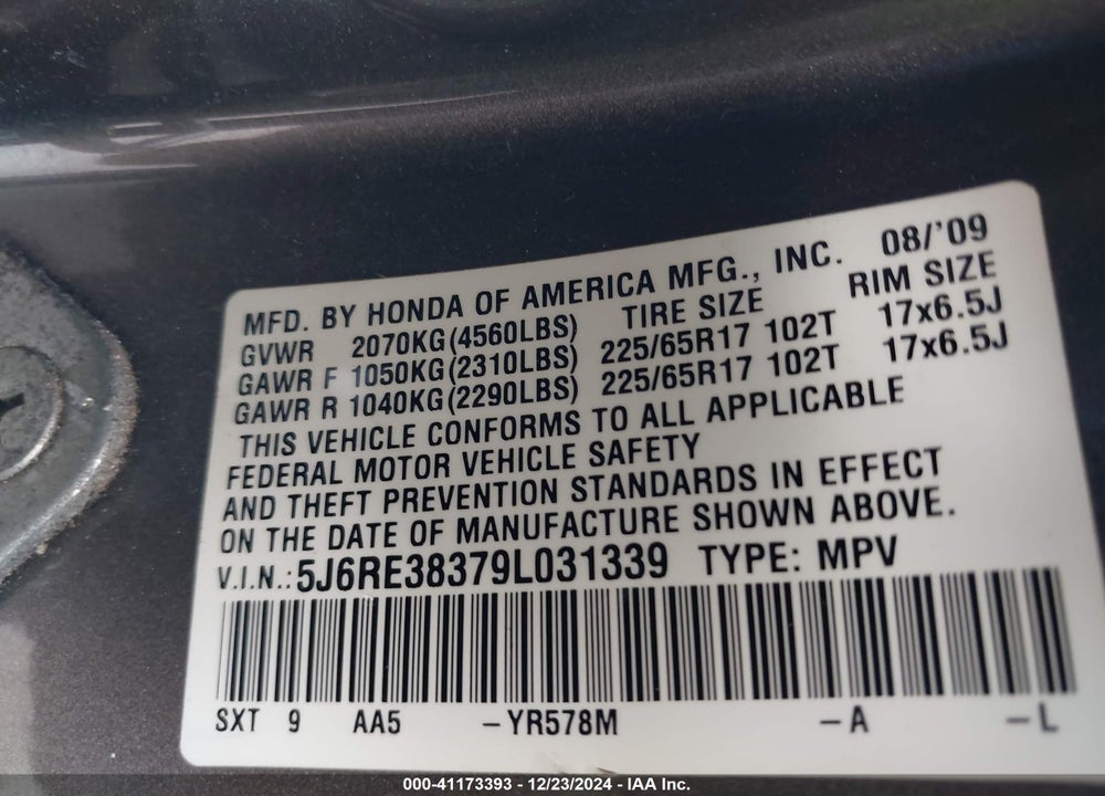 2009 HONDA CR-V LX VIN: 5J6RE38379L031339