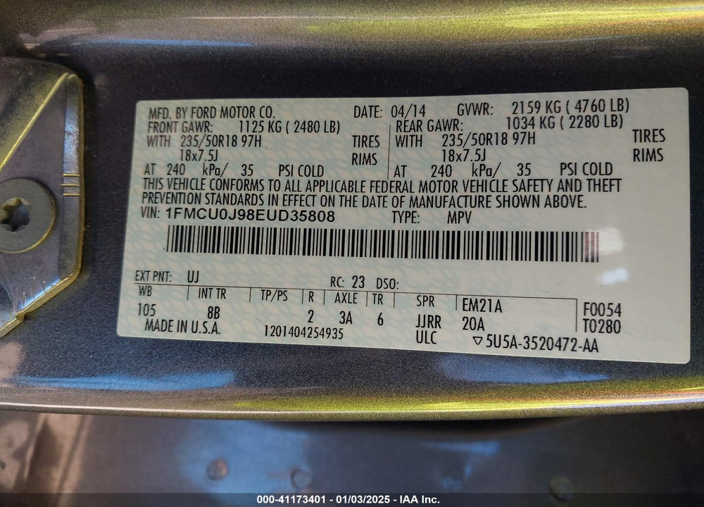 2014 FORD ESCAPE TITANIUM VIN: 1FMCU0J98EUD35808