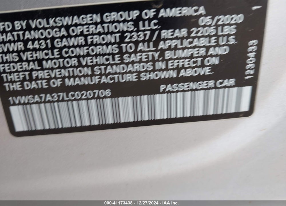 2020 VOLKSWAGEN PASSAT VIN: 1VWSA7A37LC020706
