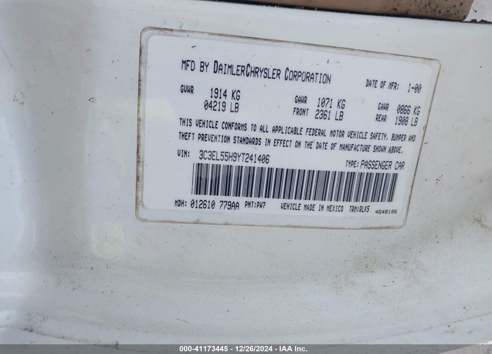 2000 CHRYSLER SEBRING JXI VIN: 3C3EL55H9YT241406