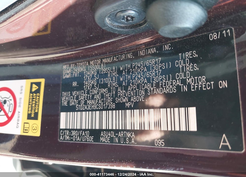 2012 TOYOTA HIGHLANDER SE VIN: 5TDZA3EH9CS017398