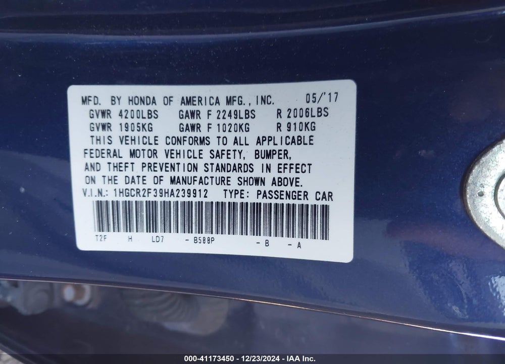 2017 HONDA ACCORD VIN: 1HGCR2F39HA239912