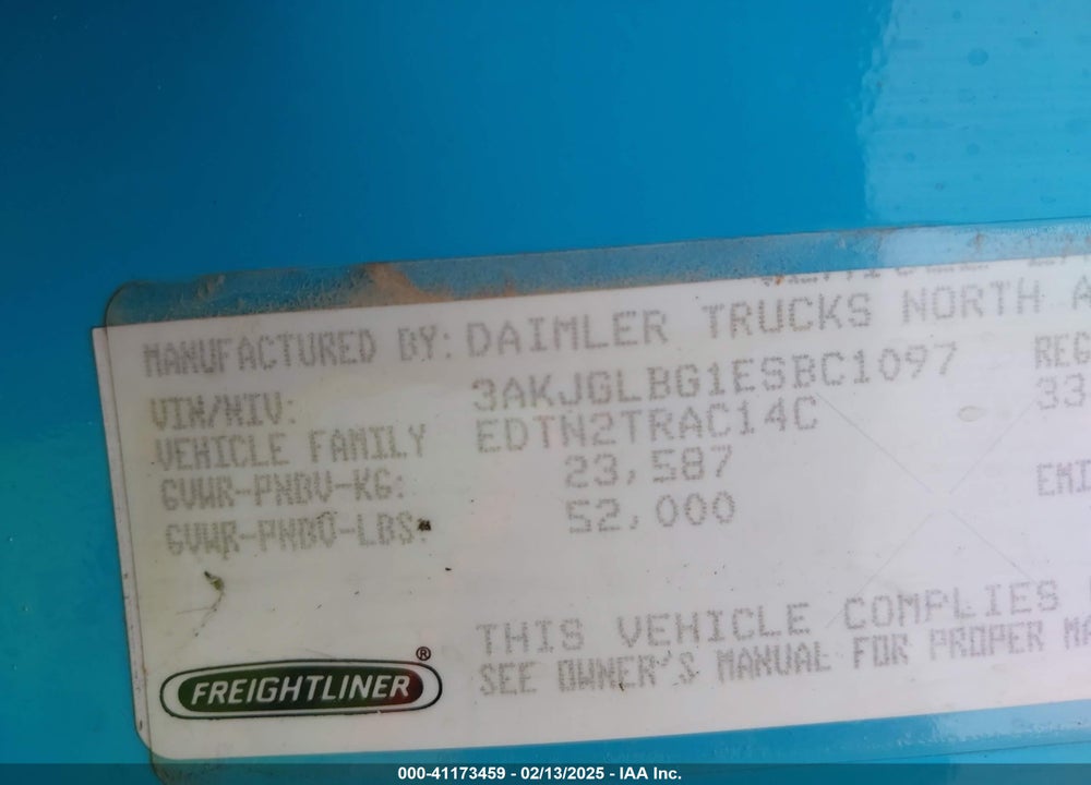 2014 FREIGHTLINER CASCADIA 125 VIN: 3AKJGLBG1ESBC1097