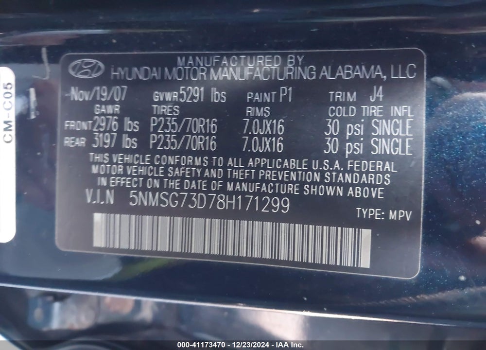 2008 HYUNDAI SANTA FE GLS VIN: 5NMSG73D78H171299