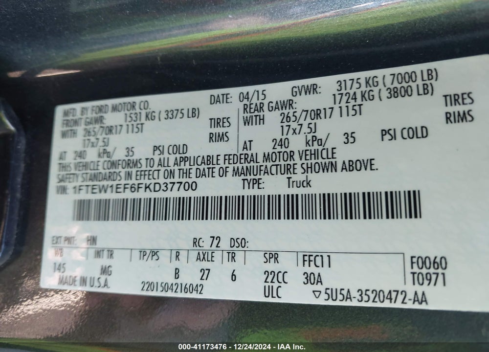 2015 FORD F-150 VIN: 1FTEW1EF6FKD37700