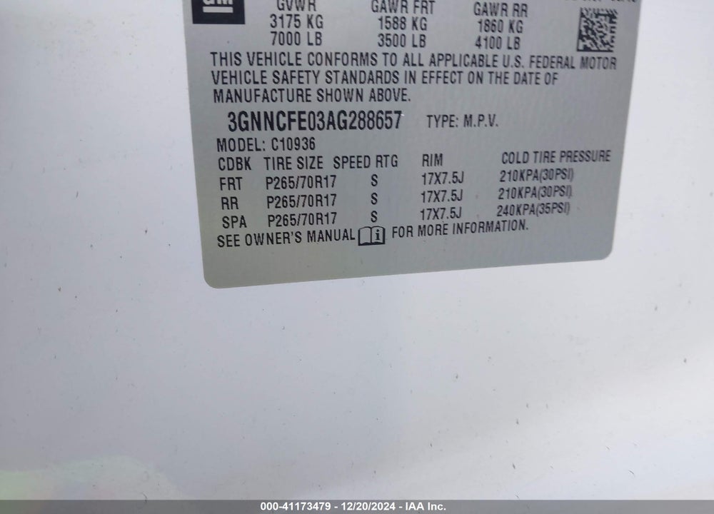 2010 CHEVROLET AVALANCHE 1500 LT1 VIN: 3GNNCFE03AG288657