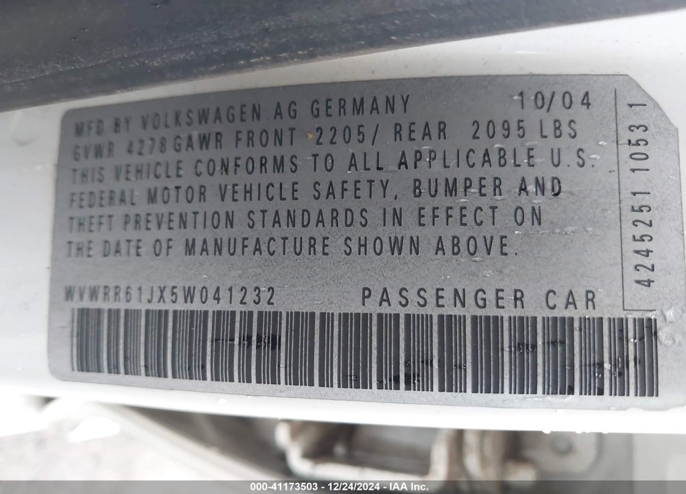 2005 VOLKSWAGEN JETTA GL TDI VIN: WVWRR61JX5W041232