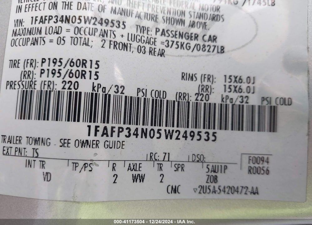 2005 FORD FOCUS ZX4 VIN: 1FAFP34N05W249535