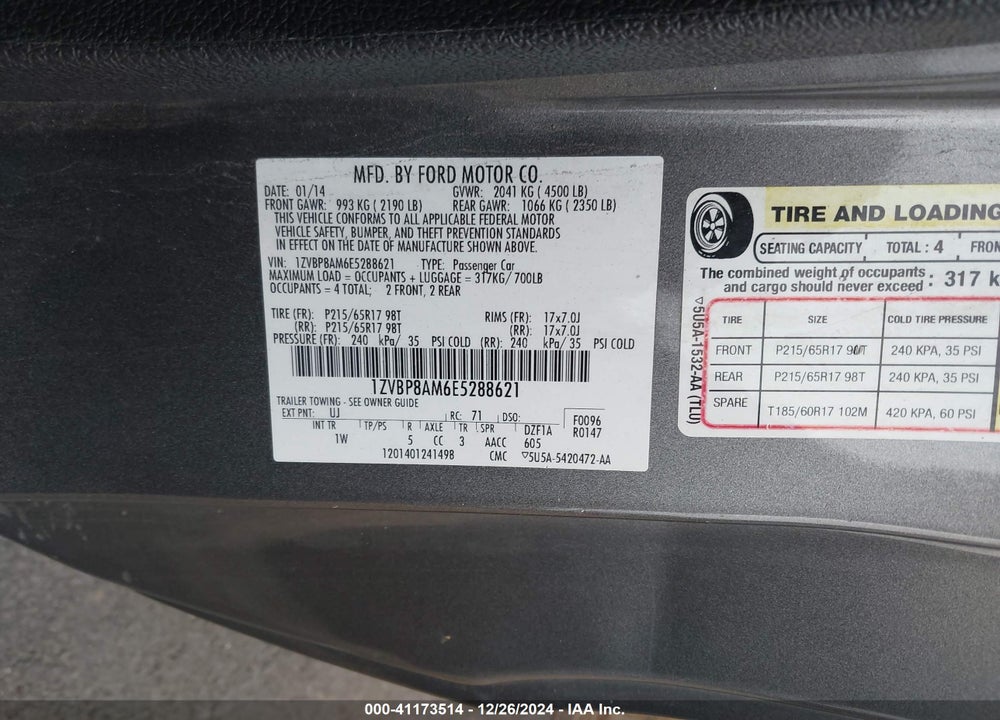 2014 FORD MUSTANG VIN: 1ZVBP8AM6E5288621