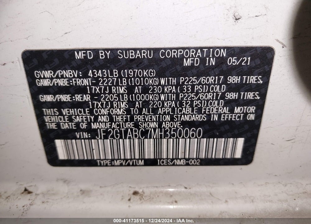 2021 SUBARU CROSSTREK VIN: JF2GTABC7MH350060