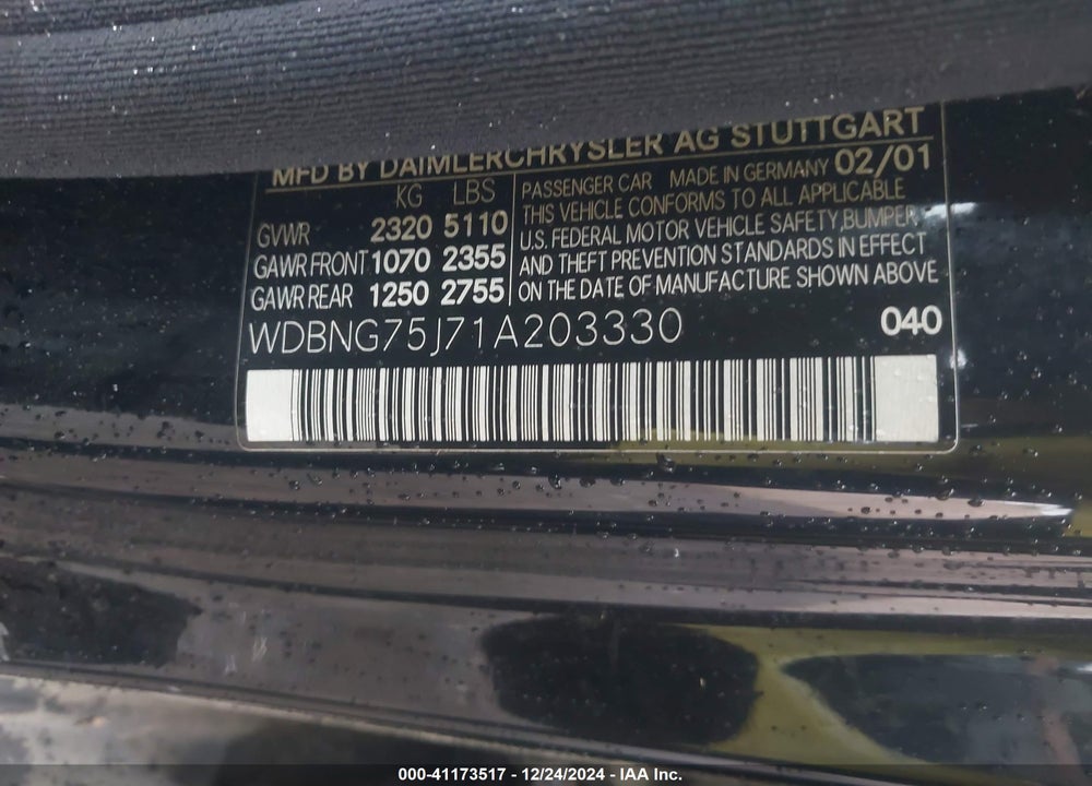 2001 MERCEDES-BENZ S 500 VIN: WDBNG75J71A203330