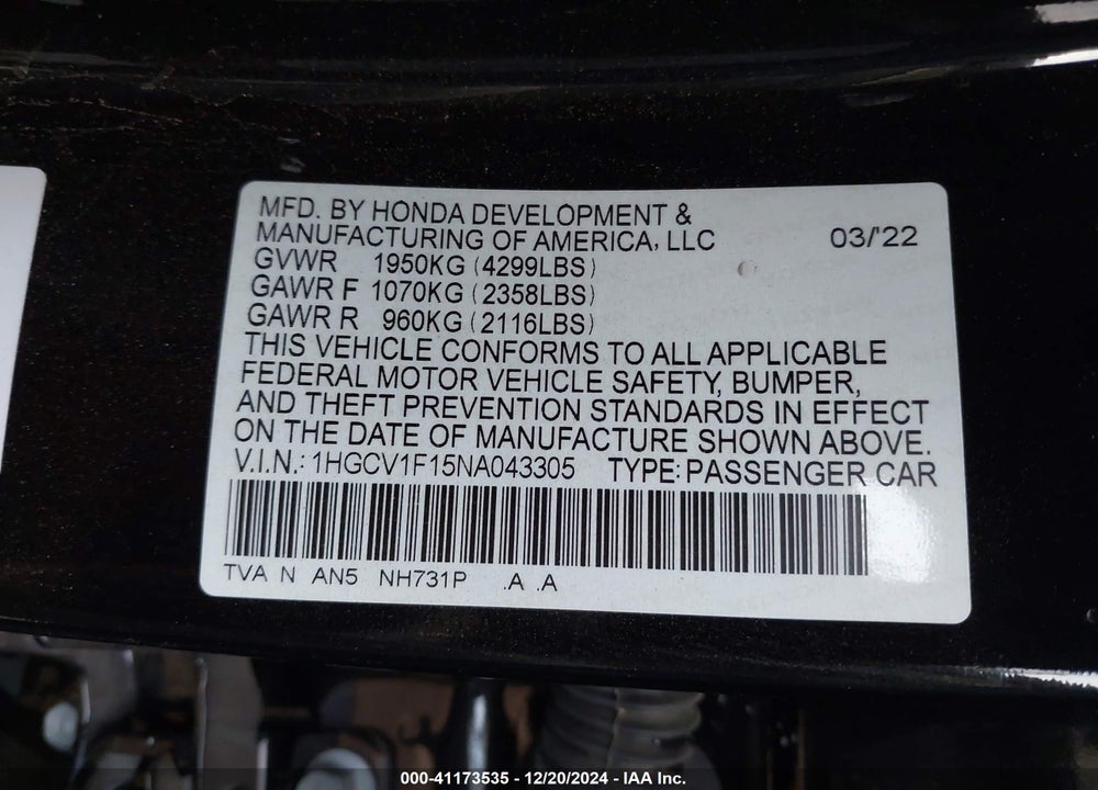 2022 HONDA ACCORD VIN: 1HGCV1F15NA043305