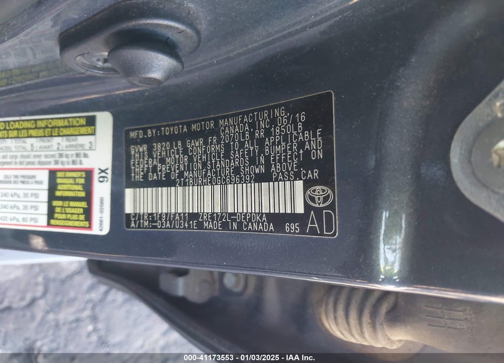 2016 TOYOTA COROLLA L VIN: 2T1BURHE0GC696392