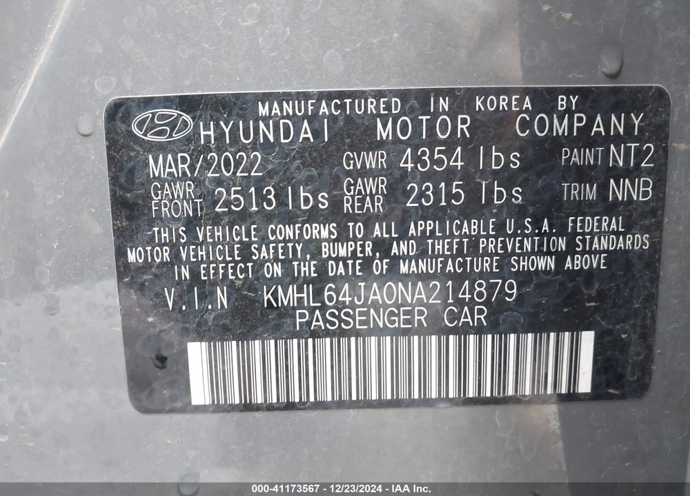 2022 HYUNDAI SONATA SEL VIN: KMHL64JA0NA214879