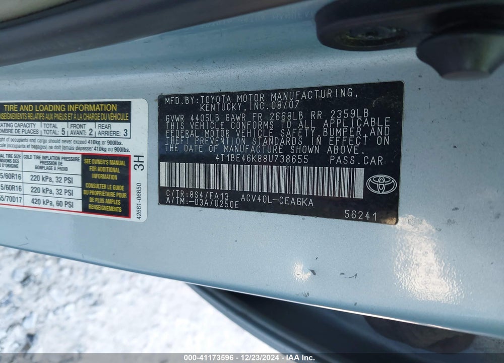 2008 TOYOTA CAMRY XLE VIN: 4T1BE46K88U738655