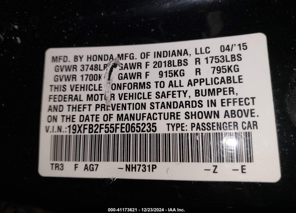 2015 HONDA CIVIC VIN: 19XFB2F55FE065235