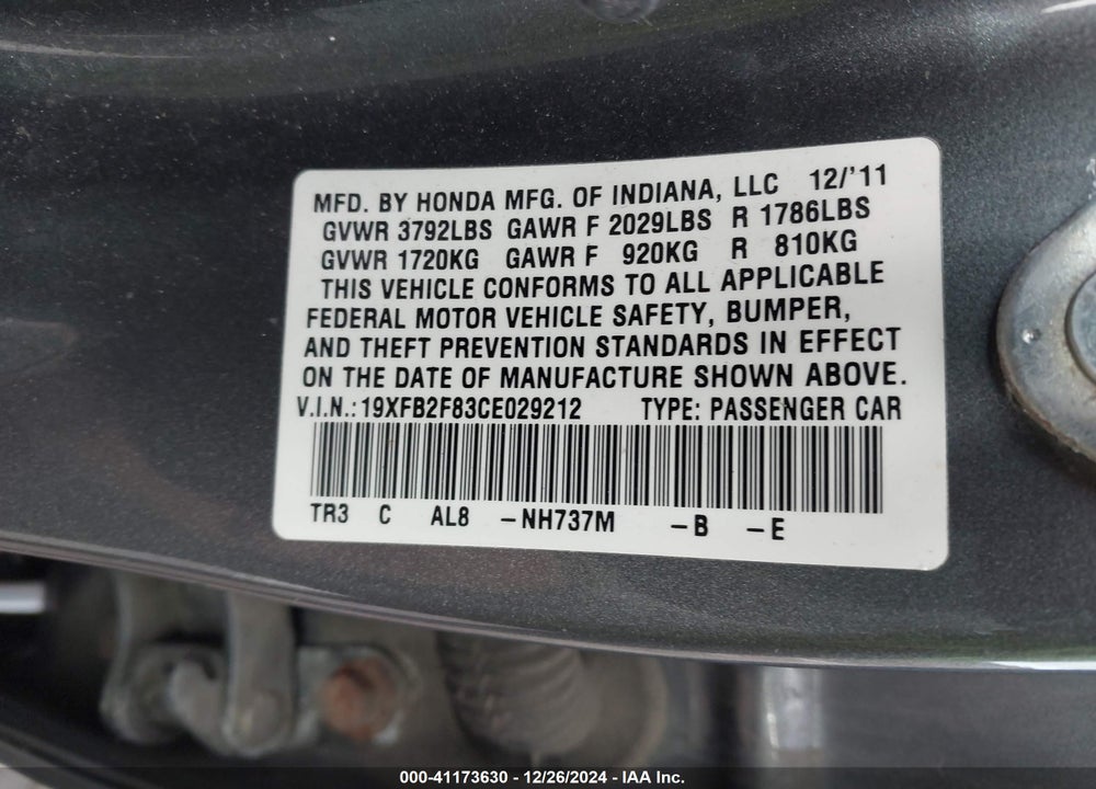 2012 HONDA CIVIC EX VIN: 19XFB2F83CE029212
