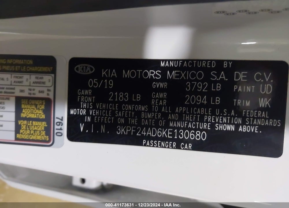 2019 KIA FORTE LXS VIN: 3KPF24AD6KE130680