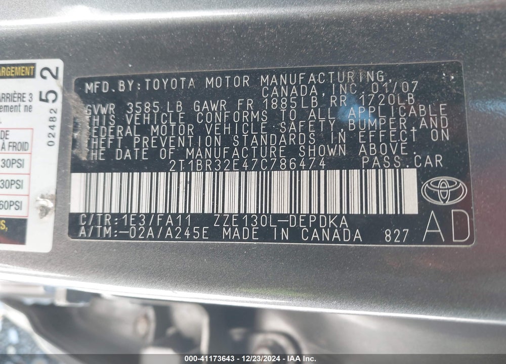 2007 TOYOTA COROLLA CE VIN: 2T1BR32E47C786474