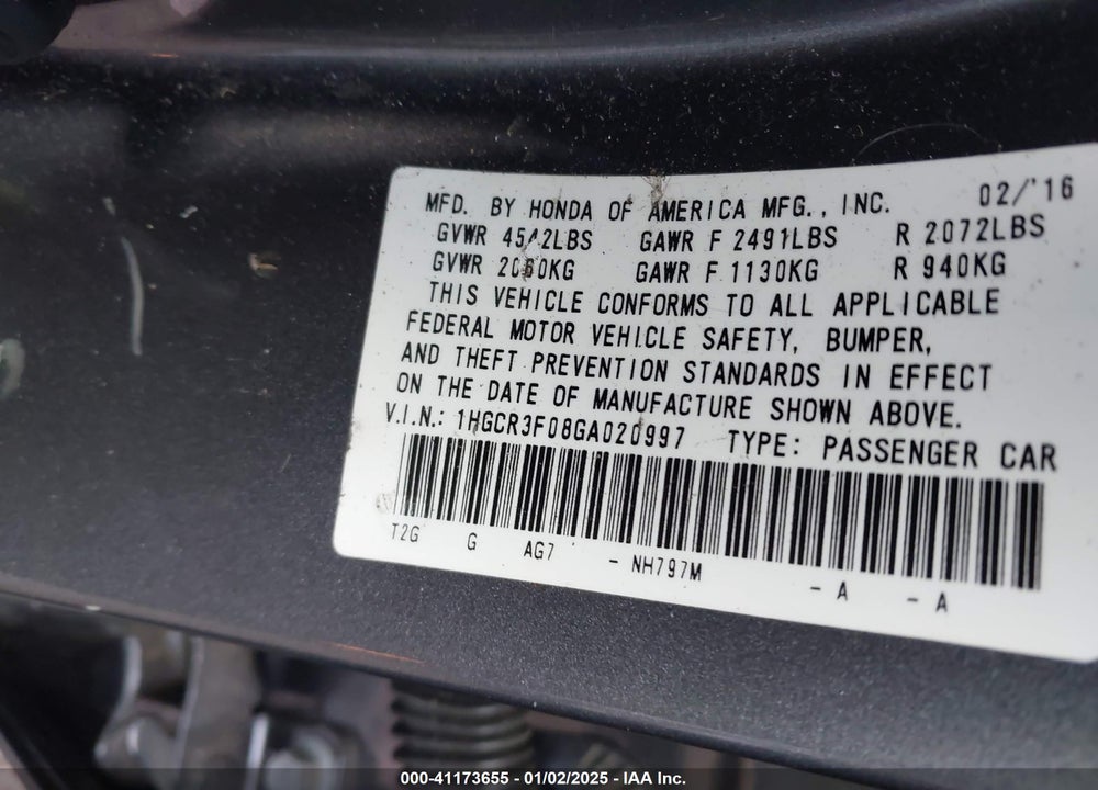 2016 HONDA ACCORD EX-L V-6 VIN: 1HGCR3F08GA020997