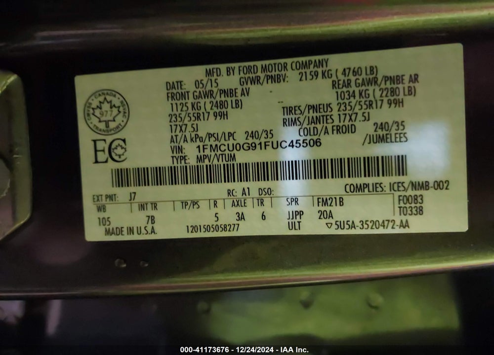 2015 FORD ESCAPE SE VIN: 1FMCU0G91FUC45506