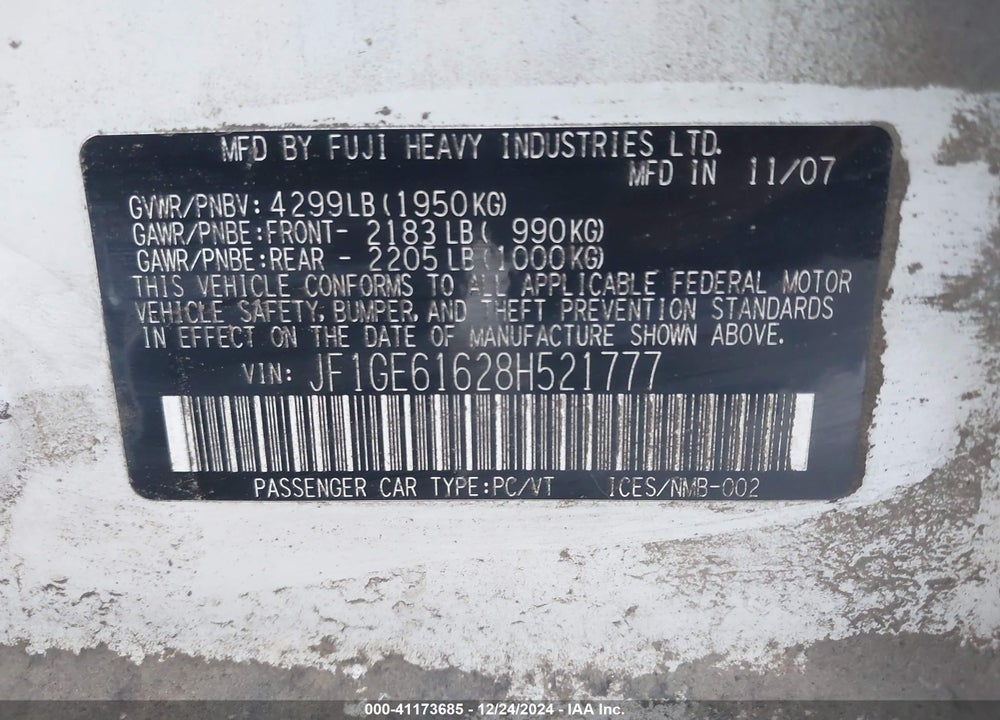 2008 SUBARU IMPREZA 2.5I VIN: JF1GE61628H521777
