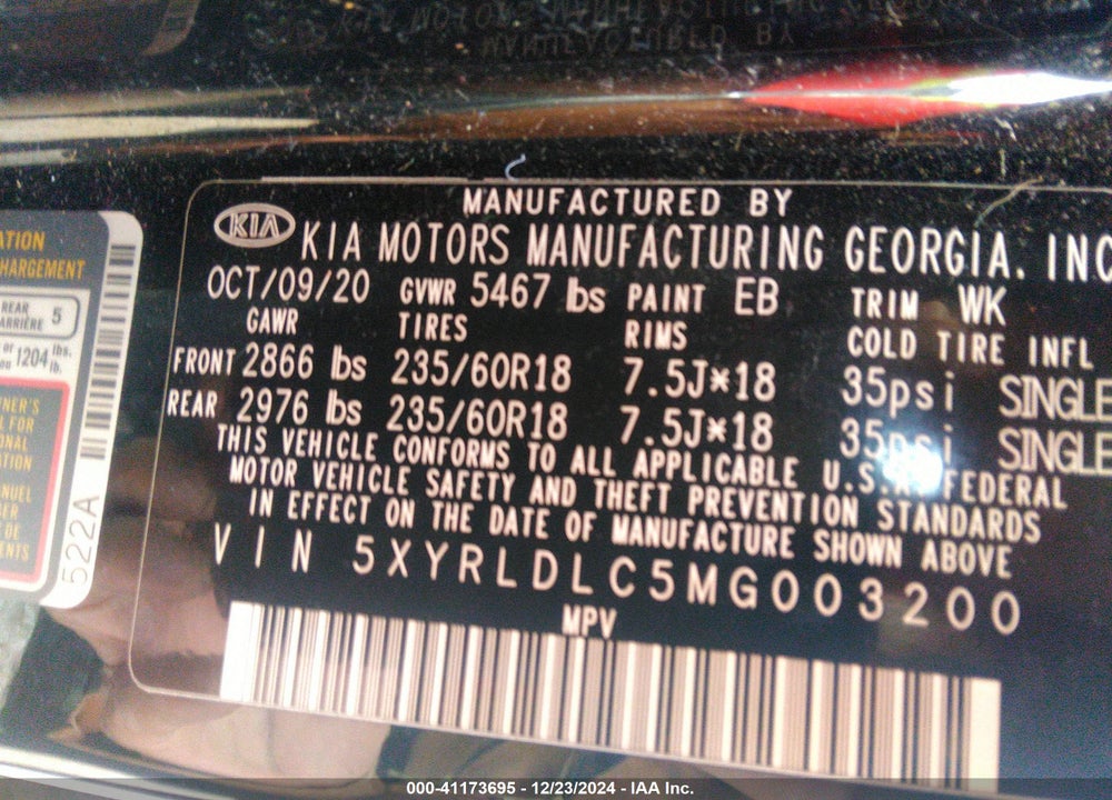 2021 KIA SORENTO S VIN: 5XYRLDLC5MG003200