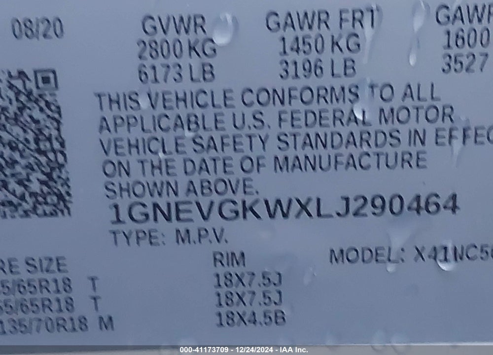 2020 CHEVROLET TRAVERSE AWD LT CLOTH VIN: 1GNEVGKWXLJ290464