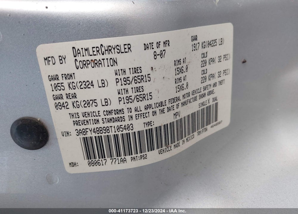 2008 CHRYSLER PT CRUISER LX VIN: 3A8FY48B98T105403