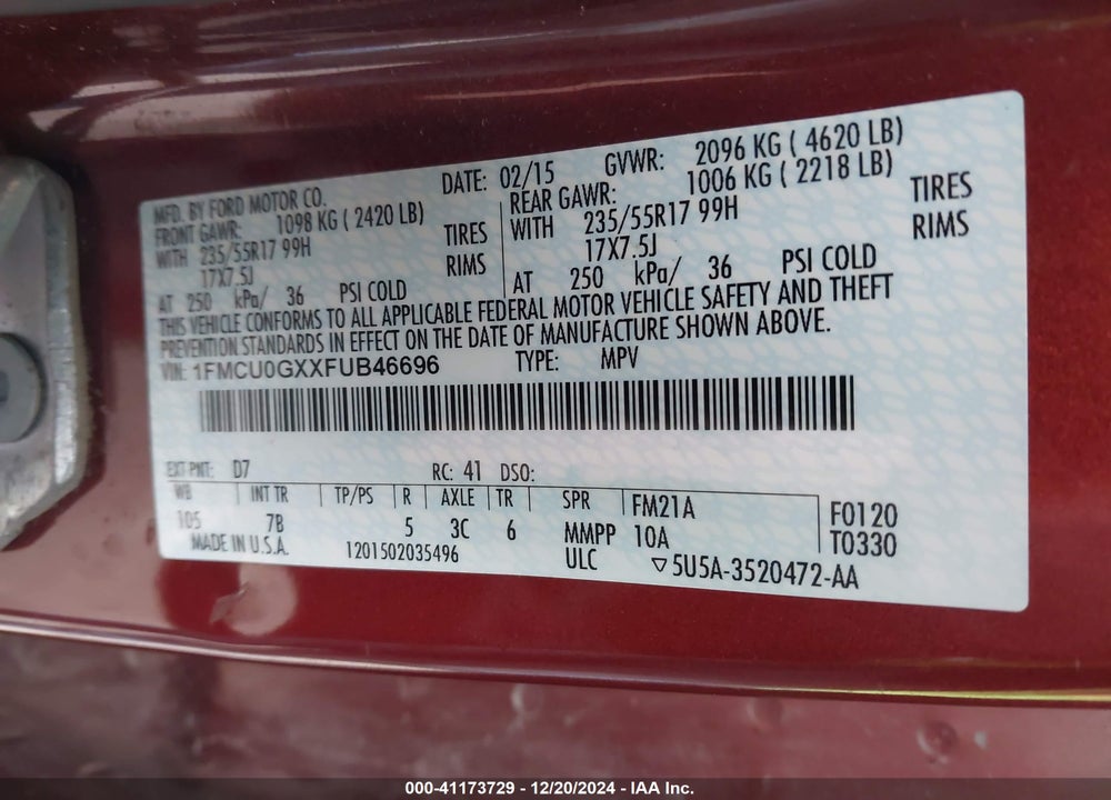 2015 FORD ESCAPE SE VIN: 1FMCU0GXXFUB46696
