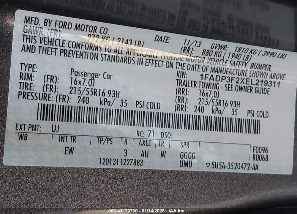2014 FORD FOCUS VIN: 1FADP3F2XEL219311