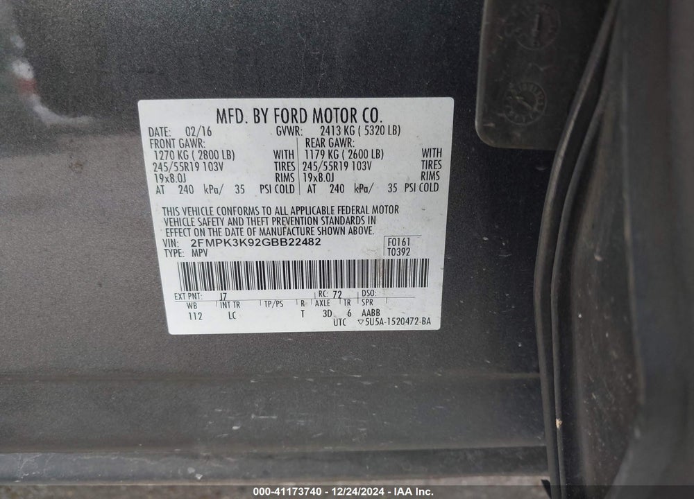 2016 FORD EDGE VIN: 2FMPK3K92GBB22482
