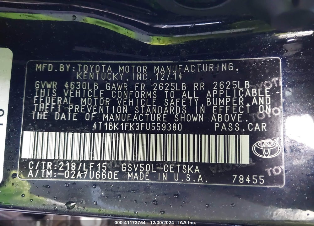 2015 TOYOTA CAMRY XSE V6 VIN: 4T1BK1FK3FU559380