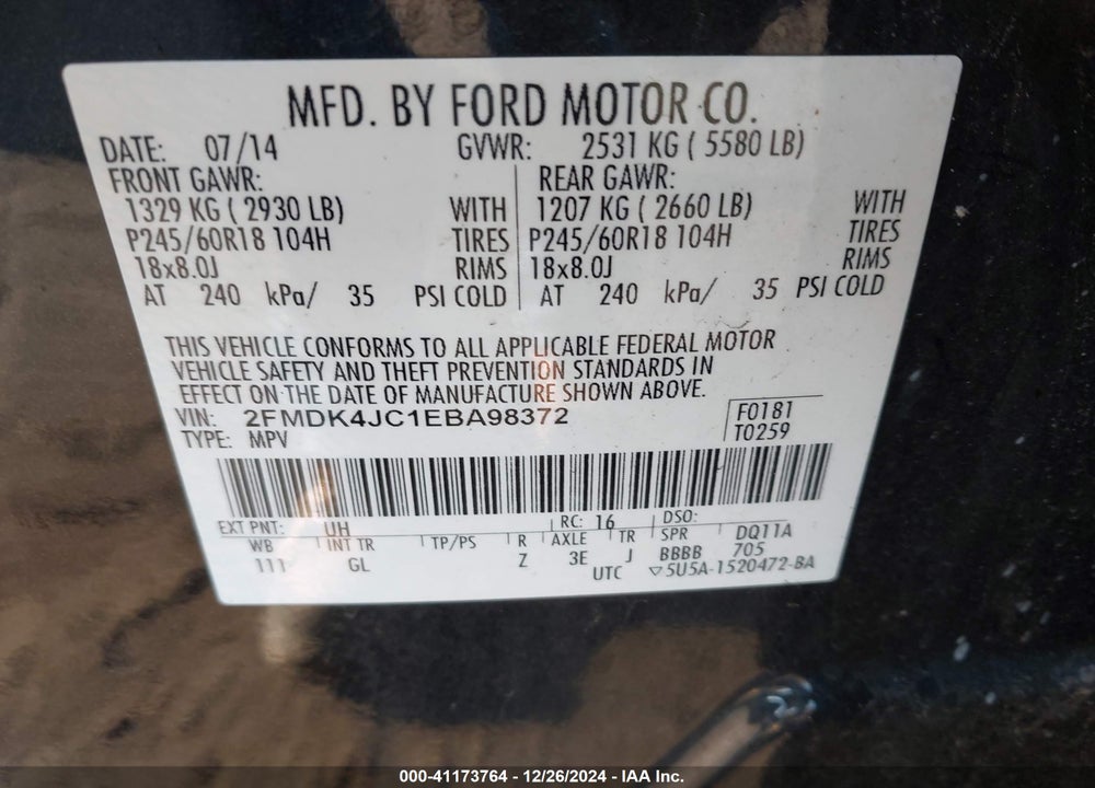 2014 FORD EDGE SEL VIN: 2FMDK4JC1EBA98372