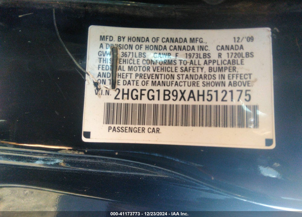 2010 HONDA CIVIC EX-L VIN: 2HGFG1B9XAH512175