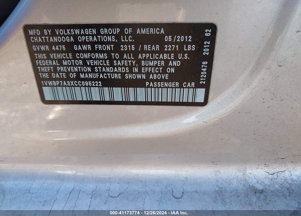 2012 VOLKSWAGEN PASSAT VIN: 1VWBP7A3XCC095222