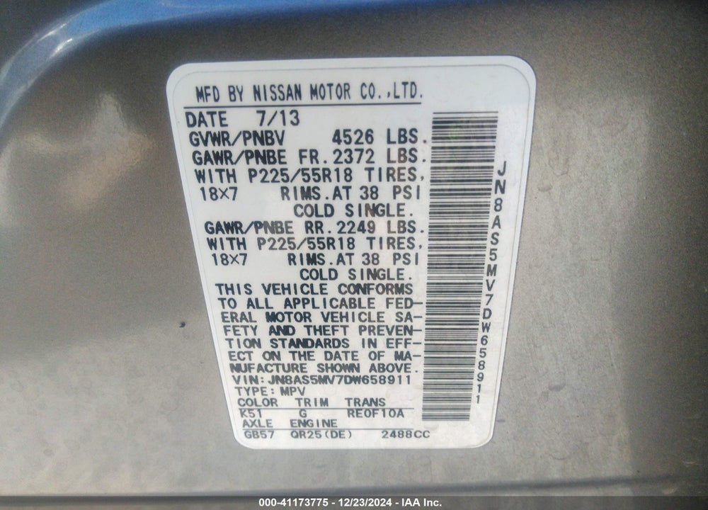 2013 NISSAN ROGUE SV W/SL PKG VIN: JN8AS5MV7DW658911