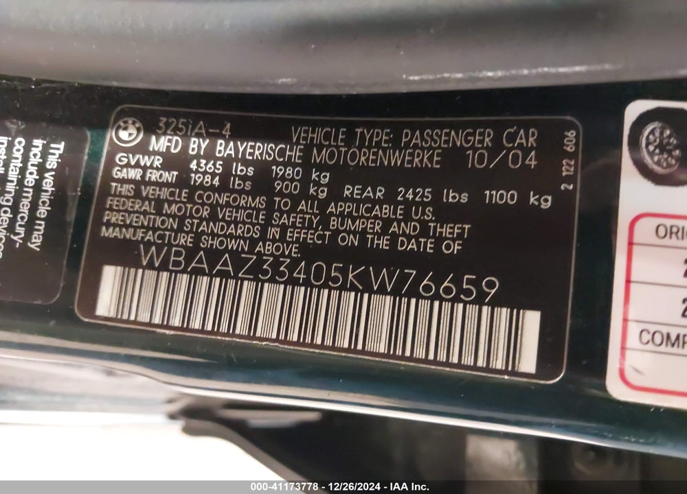 2005 BMW 325I VIN: WBAAZ33405KW76659